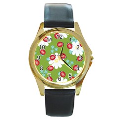 Insect Flower Floral Animals Star Green Red Sunflower Round Gold Metal Watch by Mariart