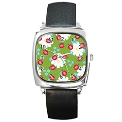 Insect Flower Floral Animals Star Green Red Sunflower Square Metal Watch by Mariart