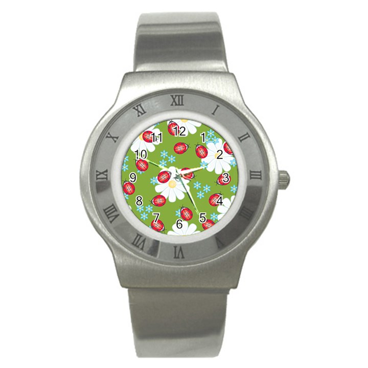 Insect Flower Floral Animals Star Green Red Sunflower Stainless Steel Watch