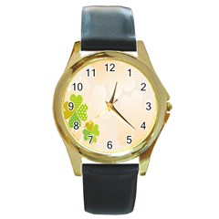 Leaf Polka Dot Green Flower Star Round Gold Metal Watch by Mariart