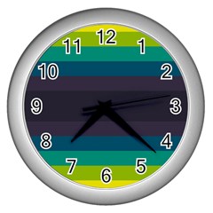 Neon Stripes Line Horizon Color Rainbow Yellow Blue Purple Black Wall Clocks (silver)  by Mariart