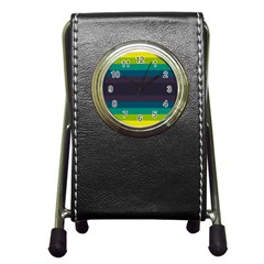 Neon Stripes Line Horizon Color Rainbow Yellow Blue Purple Black Pen Holder Desk Clocks by Mariart