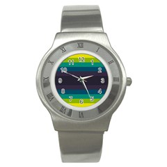 Neon Stripes Line Horizon Color Rainbow Yellow Blue Purple Black Stainless Steel Watch by Mariart