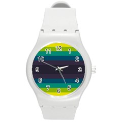 Neon Stripes Line Horizon Color Rainbow Yellow Blue Purple Black Round Plastic Sport Watch (m) by Mariart