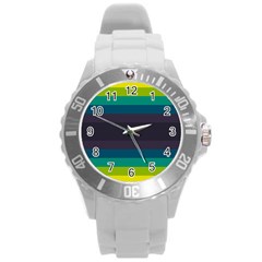 Neon Stripes Line Horizon Color Rainbow Yellow Blue Purple Black Round Plastic Sport Watch (l) by Mariart