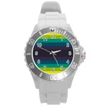 Neon Stripes Line Horizon Color Rainbow Yellow Blue Purple Black Round Plastic Sport Watch (L) Front