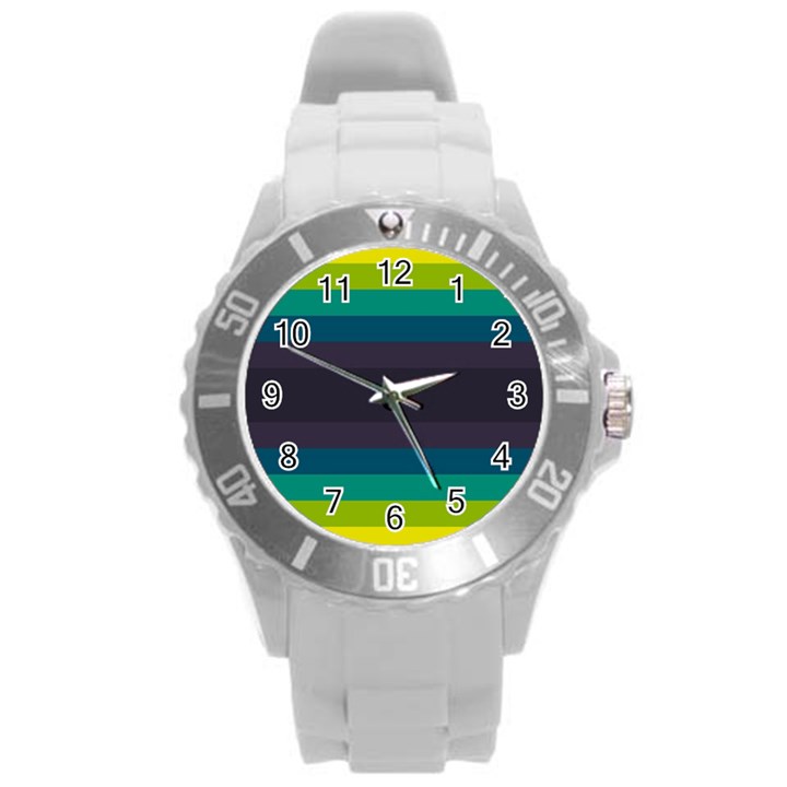 Neon Stripes Line Horizon Color Rainbow Yellow Blue Purple Black Round Plastic Sport Watch (L)