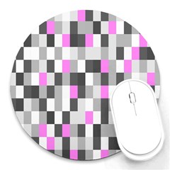 Pink Grey Black Plaid Original Round Mousepads by Mariart