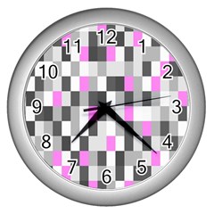 Pink Grey Black Plaid Original Wall Clocks (silver) 