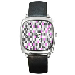 Pink Grey Black Plaid Original Square Metal Watch by Mariart