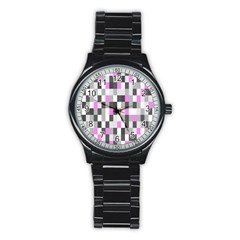 Pink Grey Black Plaid Original Stainless Steel Round Watch by Mariart