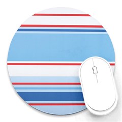 Navy Blue White Red Stripe Blue Finely Striped Line Round Mousepads by Mariart