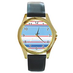 Navy Blue White Red Stripe Blue Finely Striped Line Round Gold Metal Watch by Mariart