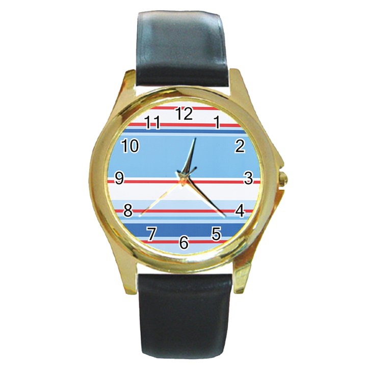 Navy Blue White Red Stripe Blue Finely Striped Line Round Gold Metal Watch