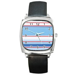 Navy Blue White Red Stripe Blue Finely Striped Line Square Metal Watch by Mariart