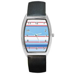 Navy Blue White Red Stripe Blue Finely Striped Line Barrel Style Metal Watch by Mariart