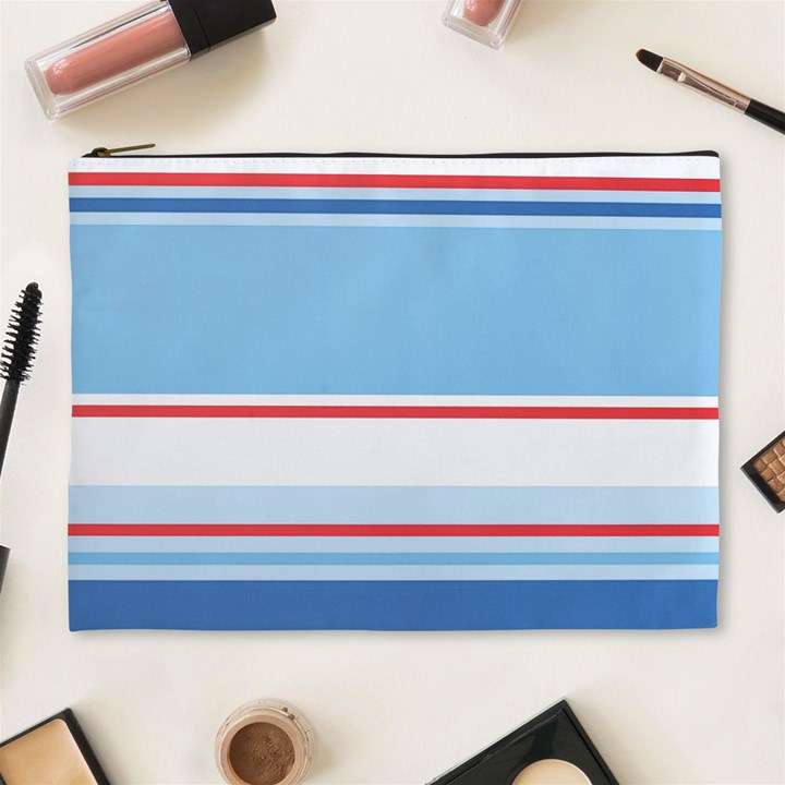 Navy Blue White Red Stripe Blue Finely Striped Line Cosmetic Bag (XL)