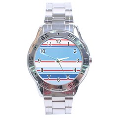 Navy Blue White Red Stripe Blue Finely Striped Line Stainless Steel Analogue Watch by Mariart