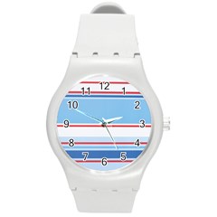 Navy Blue White Red Stripe Blue Finely Striped Line Round Plastic Sport Watch (m) by Mariart