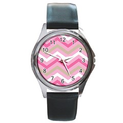 Pink Red White Grey Chevron Wave Round Metal Watch