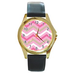 Pink Red White Grey Chevron Wave Round Gold Metal Watch by Mariart