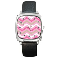 Pink Red White Grey Chevron Wave Square Metal Watch by Mariart