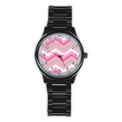 Pink Red White Grey Chevron Wave Stainless Steel Round Watch by Mariart