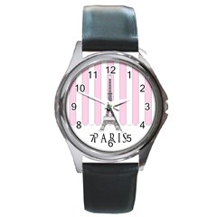 Pink Paris Eiffel Tower Stripes France Round Metal Watch by Mariart