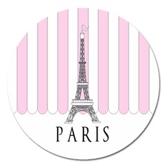 Pink Paris Eiffel Tower Stripes France Magnet 5  (round)