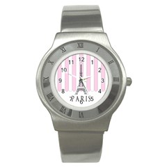 Pink Paris Eiffel Tower Stripes France Stainless Steel Watch by Mariart