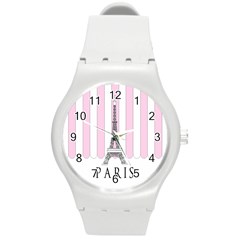 Pink Paris Eiffel Tower Stripes France Round Plastic Sport Watch (m) by Mariart