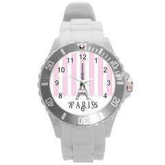 Pink Paris Eiffel Tower Stripes France Round Plastic Sport Watch (l) by Mariart