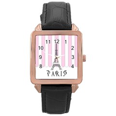 Pink Paris Eiffel Tower Stripes France Rose Gold Leather Watch  by Mariart