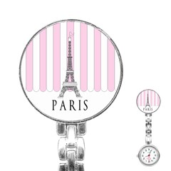 Pink Paris Eiffel Tower Stripes France Stainless Steel Nurses Watch by Mariart