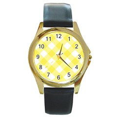 Plaid Chevron Yellow White Wave Round Gold Metal Watch