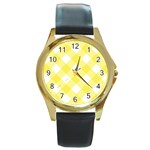 Plaid Chevron Yellow White Wave Round Gold Metal Watch Front