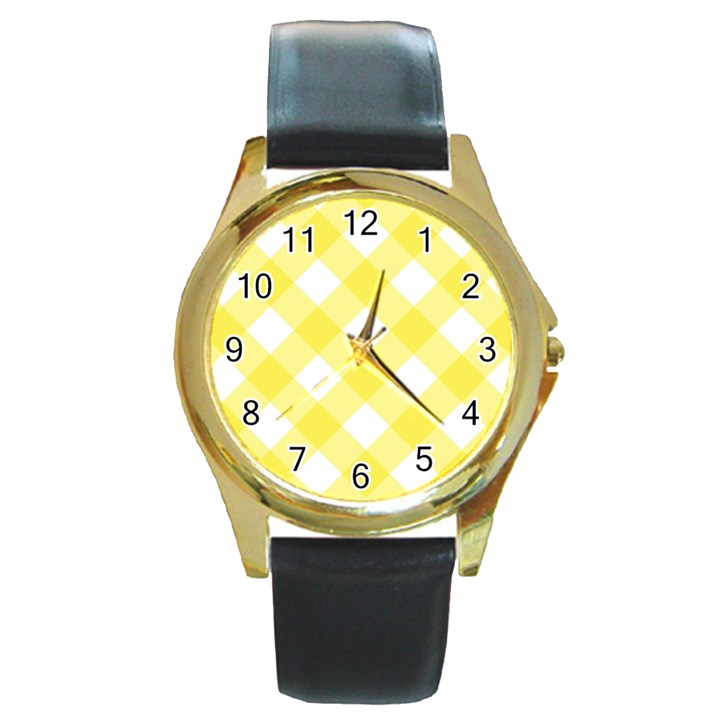 Plaid Chevron Yellow White Wave Round Gold Metal Watch