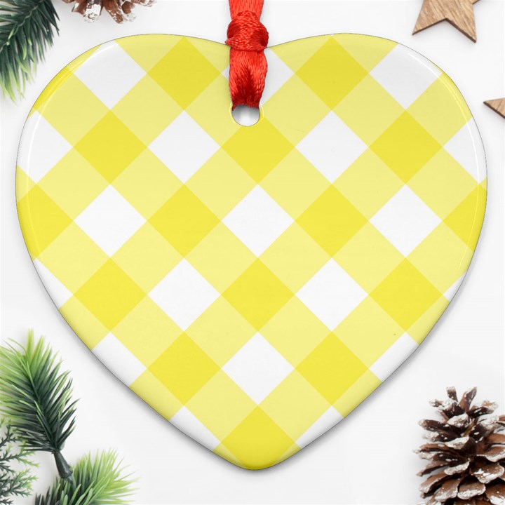 Plaid Chevron Yellow White Wave Heart Ornament (Two Sides)