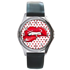 Sexy Lips Red Polka Dot Round Metal Watch by Mariart