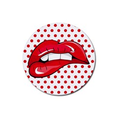 Sexy Lips Red Polka Dot Rubber Round Coaster (4 Pack)  by Mariart