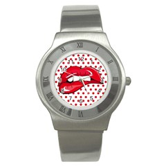 Sexy Lips Red Polka Dot Stainless Steel Watch by Mariart