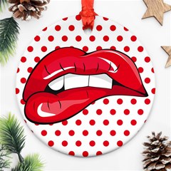 Sexy Lips Red Polka Dot Round Ornament (two Sides)