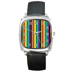 Multi Colored Colorful Bright Stripes Wallpaper Pattern Background Square Metal Watch by Nexatart