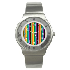 Multi Colored Colorful Bright Stripes Wallpaper Pattern Background Stainless Steel Watch by Nexatart