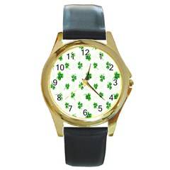 Leaf Green White Round Gold Metal Watch