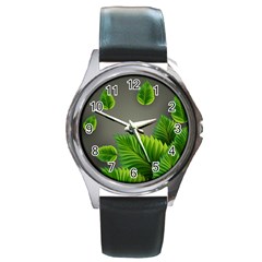 Leaf Green Grey Round Metal Watch