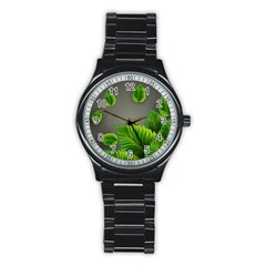 Leaf Green Grey Stainless Steel Round Watch by Mariart