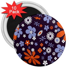 Bright Colorful Busy Large Retro Floral Flowers Pattern Wallpaper Background 3  Magnets (10 Pack)  by Nexatart