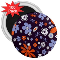 Bright Colorful Busy Large Retro Floral Flowers Pattern Wallpaper Background 3  Magnets (100 Pack) by Nexatart