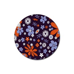 Bright Colorful Busy Large Retro Floral Flowers Pattern Wallpaper Background Rubber Round Coaster (4 Pack)  by Nexatart